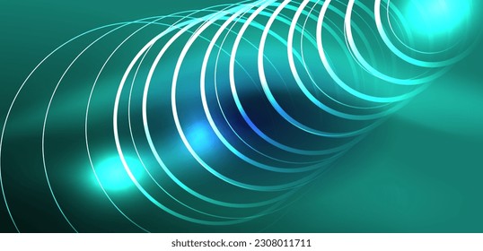 Líneas láser neón, círculos ondas fondo abstracto. Muestra de luz de neón o láser, impulso eléctrico, líneas de alimentación, impulso de energía cuántica tecno, líneas dinámicas mágicas brillantes