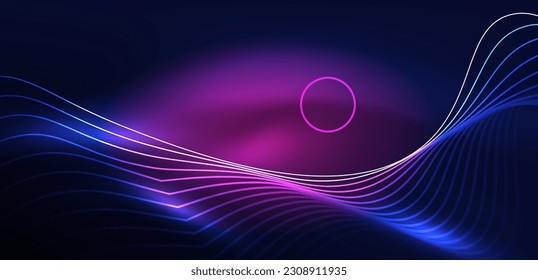 Neon laser lines, circles waves abstract background. Neon light or laser show, electric impulse, power lines, techno quantum energy impulse, magic glowing dynamic lines