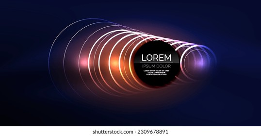 Neon laser lines, circles waves abstract background. Neon light or laser show, electric impulse, power lines, techno quantum energy impulse, magic glowing dynamic lines