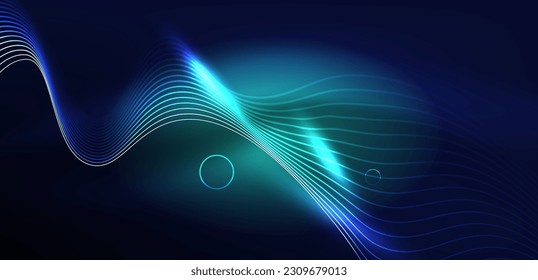 Neon laser lines, circles waves abstract background. Neon light or laser show, electric impulse, power lines, techno quantum energy impulse, magic glowing dynamic lines