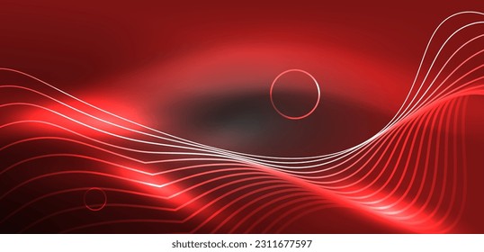 Neon laser lines, circles waves abstract background. Neon light or laser show, electric impulse, power lines, techno quantum energy impulse, magic glowing dynamic lines
