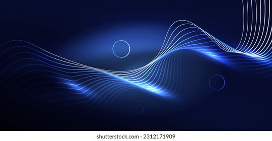 Neon laser lines, circles waves abstract background. Neon light or laser show, electric impulse, power lines, techno quantum energy impulse, magic glowing dynamic lines