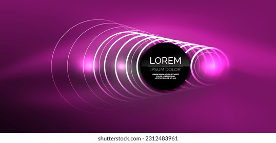 Neon laser lines, circles waves abstract background. Neon light or laser show, electric impulse, power lines, techno quantum energy impulse, magic glowing dynamic lines