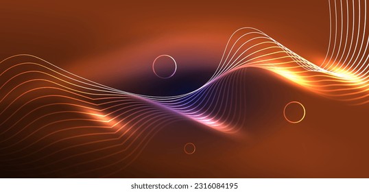 Neonlaserlinien, Kreise Wellen abstrakter Hintergrund. Neonlicht- oder Lasershow, elektrische Impulse, Stromleitungen, Techno-Quantenenergieimpuls, magische, dynamische Linien