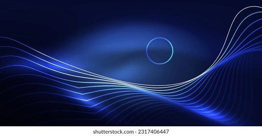 Neon laser lines, circles waves abstract background. Neon light or laser show, electric impulse, power lines, techno quantum energy impulse, magic glowing dynamic lines