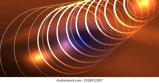 Neon laser lines, circles waves abstract background. Neon light or laser show, electric impulse, power lines, techno quantum energy impulse, magic glowing dynamic lines