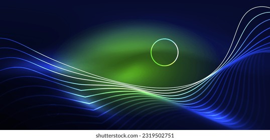Neon laser lines, circles waves abstract background. Neon light or laser show, electric impulse, power lines, techno quantum energy impulse, magic glowing dynamic lines