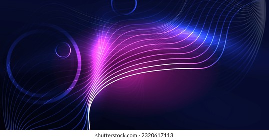 Neonlaserlinien, Kreise Wellen abstrakter Hintergrund. Neonlicht- oder Lasershow, elektrische Impulse, Stromleitungen, Techno-Quantenenergieimpuls, magische, dynamische Linien