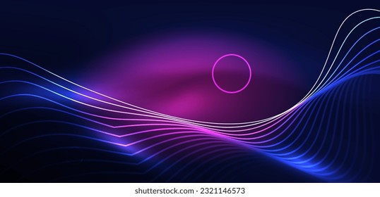 Neon laser lines, circles waves abstract background. Neon light or laser show, electric impulse, power lines, techno quantum energy impulse, magic glowing dynamic lines
