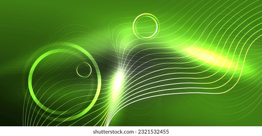 Neon laser lines, circles waves abstract background. Neon light or laser show, electric impulse, power lines, techno quantum energy impulse, magic glowing dynamic lines