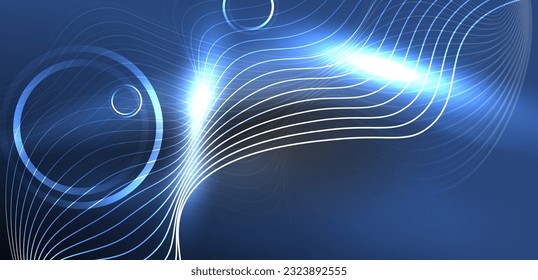 Líneas láser neón, círculos ondas fondo abstracto. Muestra de luz de neón o láser, impulso eléctrico, líneas de alimentación, impulso de energía cuántica tecno, líneas dinámicas mágicas brillantes