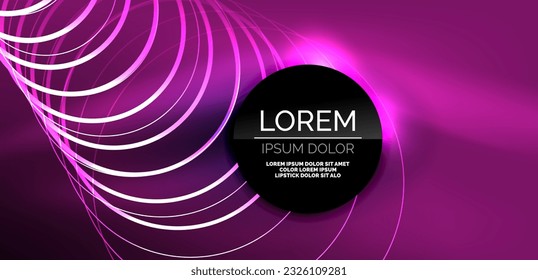 Neon laser lines, circles waves abstract background. Neon light or laser show, electric impulse, power lines, techno quantum energy impulse, magic glowing dynamic lines