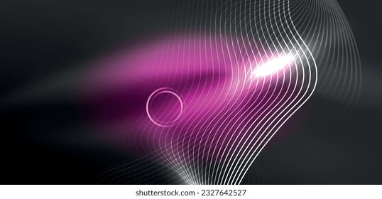 Neon laser lines, circles waves abstract background. Neon light or laser show, electric impulse, power lines, techno quantum energy impulse, magic glowing dynamic lines