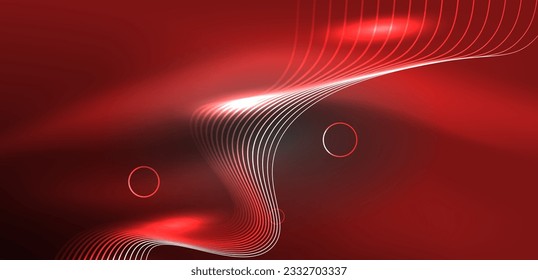 Neon laser lines, circles waves abstract background. Neon light or laser show, electric impulse, power lines, techno quantum energy impulse, magic glowing dynamic lines
