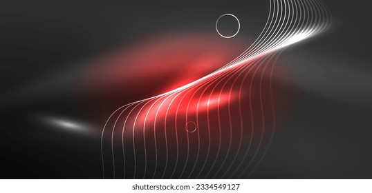 Neon laser lines, circles waves abstract background. Neon light or laser show, electric impulse, power lines, techno quantum energy impulse, magic glowing dynamic lines