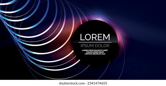 Neon laser lines, circles waves abstract background. Neon light or laser show, electric impulse, power lines, techno quantum energy impulse, magic glowing dynamic lines