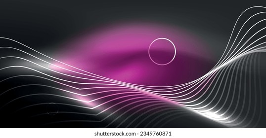 Líneas láser neón, círculos ondas fondo abstracto. Muestra de luz de neón o láser, impulso eléctrico, líneas de alimentación, impulso de energía cuántica tecno, líneas dinámicas mágicas brillantes