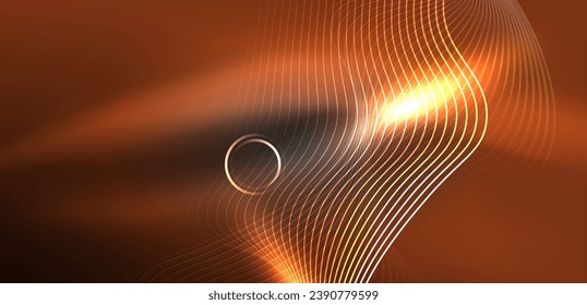 Líneas láser neón, círculos ondas fondo abstracto. Muestra de luz de neón o láser, impulso eléctrico, líneas de alimentación, impulso de energía cuántica tecno, líneas dinámicas mágicas brillantes