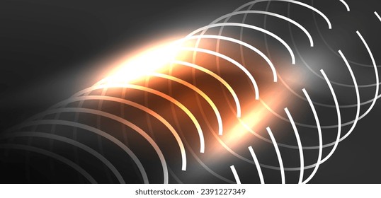 Neon laser lines, circles waves abstract background. Neon light or laser show, electric impulse, power lines, techno quantum energy impulse, magic glowing dynamic lines