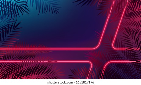 Neon laser rays among tropical leaves, futuristic cyberpunk background, modern lighting technology, vector illustration