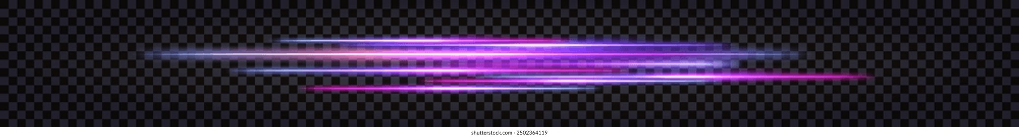 Neon laser sticks, glowing light effect, purple and blue vaporwave dynamic speed lines, luminous beams. Thunder bolt flash. Border or divider. Isolated transparent vector