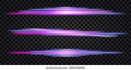 Neon laser sticks, glowing light effect, purple and blue vaporwave dynamic speed lines, luminous beams. Thunder bolt flash. Border or divider. Isolated transparent vector