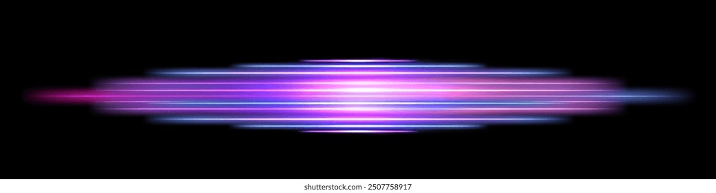 Neon laser sticks, glowing light effect, purple and blue vaporwave dynamic speed lines, luminous beams. Thunder bolt flash. Border or divider. Isolated transparent vector