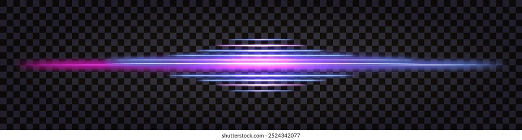 Neon laser sticks, glowing light effect, purple and blue vaporwave dynamic speed lines, luminous beams. Thunder bolt flash. Border or divider. Isolated transparent vector