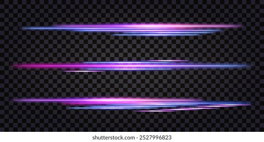 Neon laser sticks, glowing light effect, purple and blue vaporwave dynamic speed lines, luminous beams. Thunder bolt flash. Border or divider. Isolated transparent vector