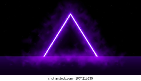 Neon laser vibrant triangle with sparks, haze, and laser grid on starry space background. Purple vivid triangular portal. Cyberspace. RetroFuturistic background design. Vector