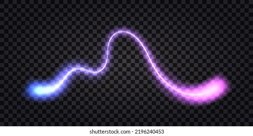 Neon laser wave swirl, glowing light effect, blue and purple trail. Shiny electric thunder bolt, flash shock.  Cyber futuristic synthwave, abstract transparent twirl isolated. Vector illustration