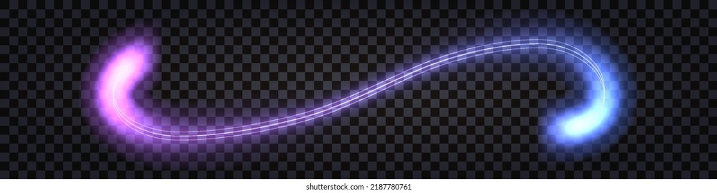 Neon laser wave swirl, glowong light, blue and purple trail.  Shiny electric thunder bolt. Cyber futuristic synthwave design element isolated on transparent background. Vector illustration