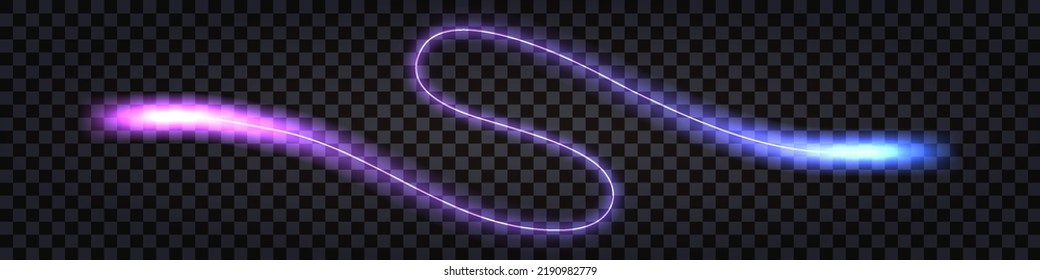 Neon laser wave swirl; glowong light; blue and purple trail.; Shiny electric thunder bolt. Cyber futuristic synthwave design element isolated on transparent background. Vector illustration