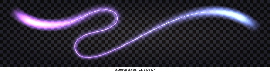 Neon laser wave swirl; glowong light; blue and purple trail.; Shiny electric thunder bolt. Cyber futuristic synthwave design element isolated on transparent background. Vector illustration