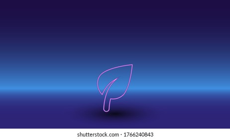 Símbolo de hoja de neón sobre fondo azul gradiente. El símbolo aislado está situado en el centro inferior. Azul degradado con horizonte azul claro