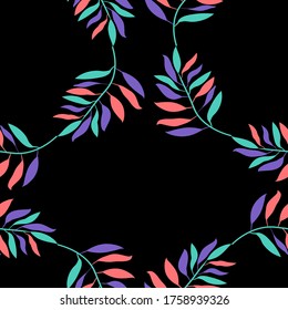 neon leaves wreath seamless vector pattern on black background, round plat frame print