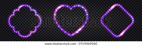 Neon\
LED frames with purple lglowing light effect. Luminous borders,\
illuminated garlands for night decoration. Set of isolated frame on\
dark transparent backgrounds. Vector\
illustration