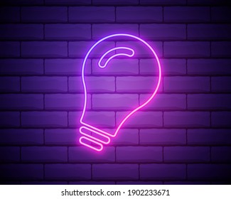 Neon led lamp flat icon. Illustration of modern eco lamp or fresh idea in the night. Isolated on bricked wall background line art