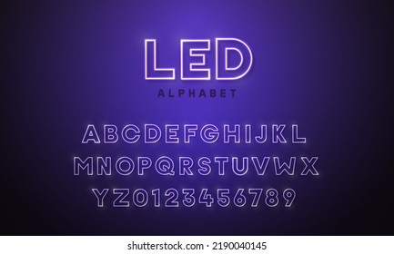 Neon led light 3d alphabet, retro futuristic technology original type font. Blue color Vector typeface