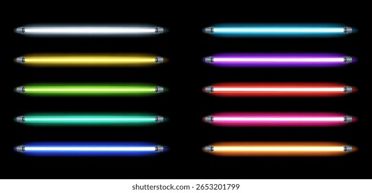 Neon levou luz. 3D realístico brilhante lâmpadas LED de neon fluorescente em azul, vermelho e verde, rosa e amarelo, ultravioleta, equipamento de luz elétrica de parede. Conjunto de isolados vetoriais.