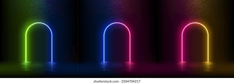 Neon led light arches set. Glow doors in futuristic style with falling glitter effect. Abstract fairy arcs with reflection in water under rain of luxury confetti vector illustration.