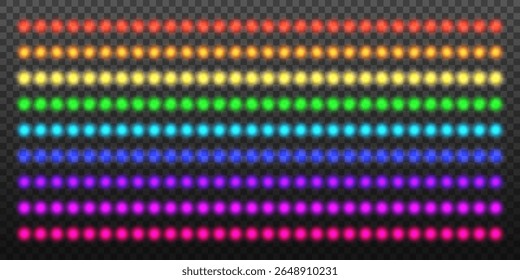 Neon led light strip. Fluorescent glowing yellow, orange, red, pink, blue, purple, violet, green, lime light bulbs. Vector illustration on transparent background
