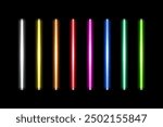 Neon led light tubes set on gray background. Fluorescent glowing white, yellow, orange, red, pink, blue, green, lime led lamps vector illustration. Realistic 3d color laser vertical lights set.