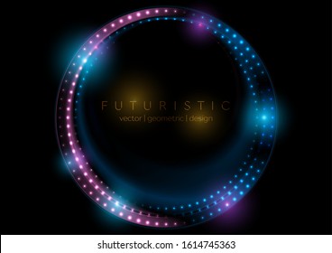 Neon led lights abstract blue purple circles glowing background. Vector design