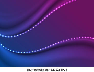 Las luces de neón led azul y las olas violetas abstractas resplandecen el fondo brillante. Diseño de vectores