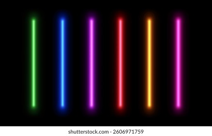 Neon led line light. Glow laser stripe. Electric beam divider. Set of stick lamps for game design isolated on black background.