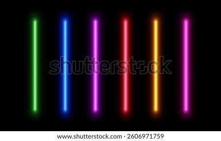 Neon led line light. Glow laser stripe. Electric beam divider. Set of stick lamps for game design isolated on black background.