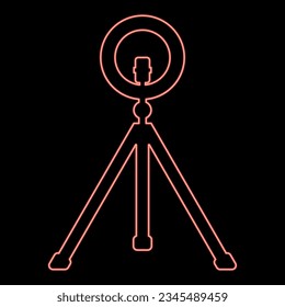Neon led ring lamp on tripod with smartphone for phone studio photo light podcast concept equipment for streaming video red color vector illustration image flat style