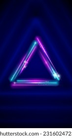 Neon, led triangle. Background, mobile phone wallpaper. Pink blue purple sparkling neon triangle, glowing led lines, triangular frame. HD, 4k backdrop, wallpaper. Vector illustration