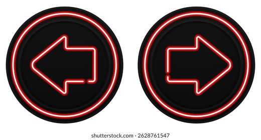 Neon left and right arrow icons on black circular buttons, glowing arrow signs